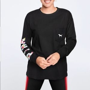 VS Pink Black Floral White Dog Logo Campus Tee